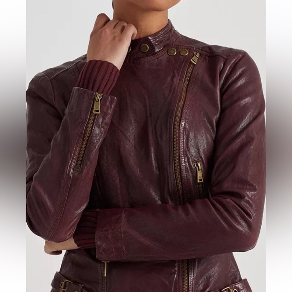 New Lauren Ralph Lauren Wine-Red Color Leather Moto Cafe  Racer Jacket Women’s - Picture 5 of 16